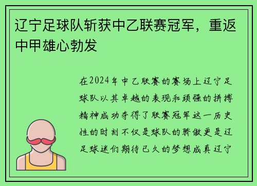 辽宁足球队斩获中乙联赛冠军，重返中甲雄心勃发