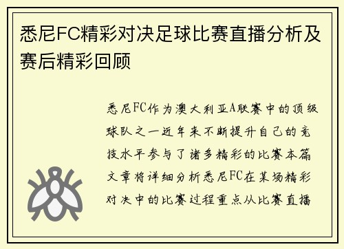 悉尼FC精彩对决足球比赛直播分析及赛后精彩回顾